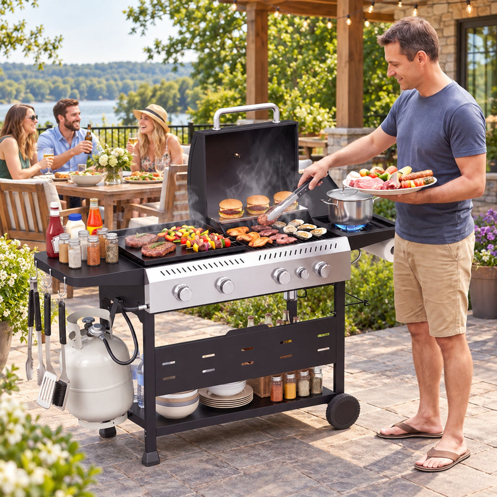 Airfind 5-Burner Propane Gas Grill and Griddle Combo with Side Burner, Metal 201 Stainless Steel Cast Iron PP Frame, Black