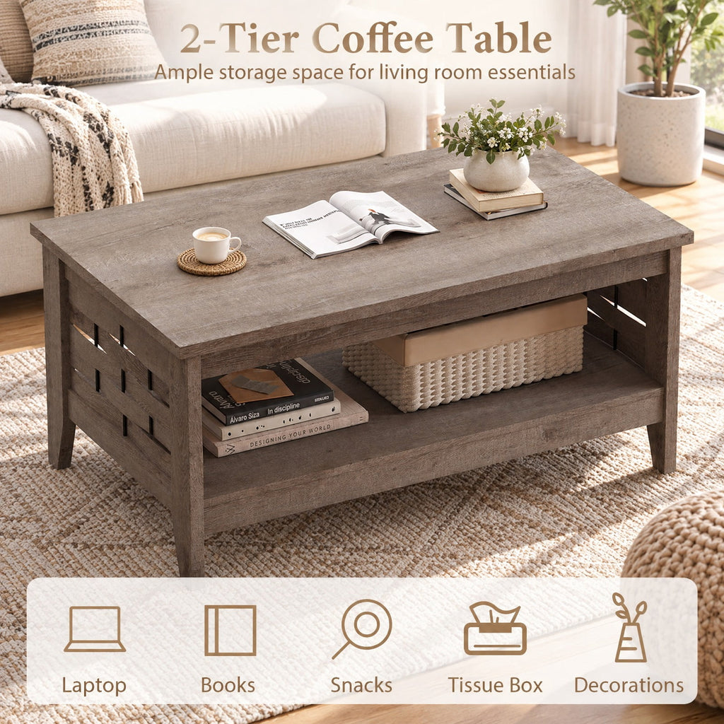 Airfind 2-Tier Farmhouse Coffee Table with Open Shelf and Woven Decorations for Living Room, 135 lbs Capacity, Engineered Wood MDF Frame, Coffee