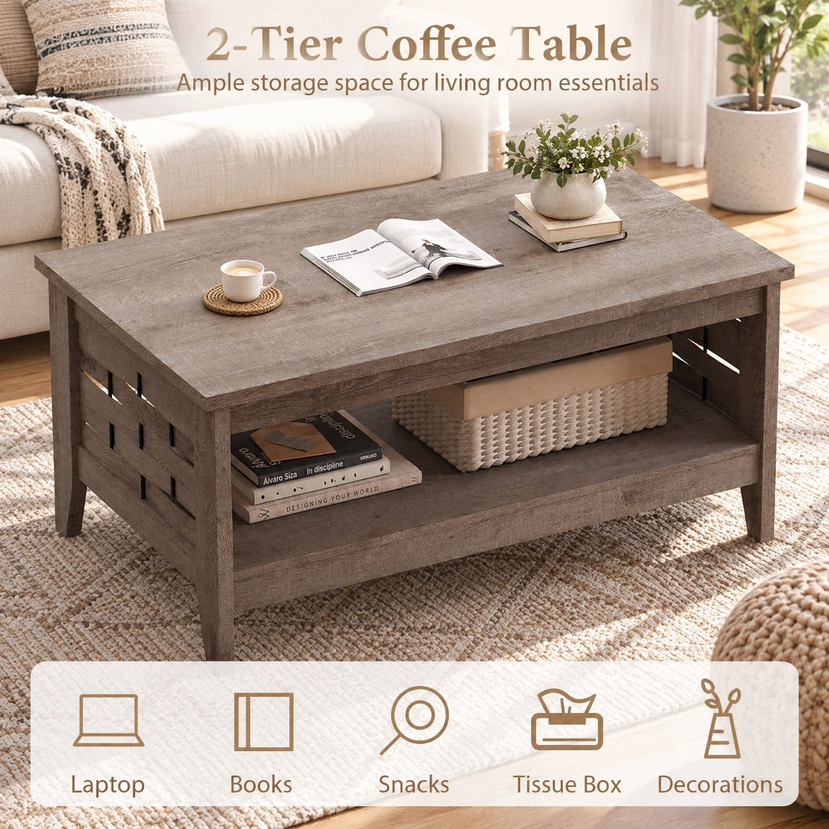 Airfind 2-Tier Farmhouse Coffee Table with Open Shelf and Woven Decorations for Living Room, 135 lbs Capacity, Engineered Wood MDF Frame, Coffee