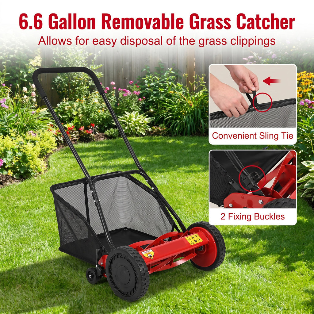 Airfind 16 Inch Push Lawn Mower with 5 Steel Blades and Grass Catcher Bag, Manganese Steel Metal PVC PP Frame, Red