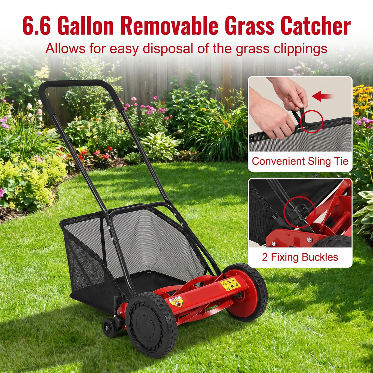 Airfind 16 Inch Push Lawn Mower with 5 Steel Blades and Grass Catcher Bag, Manganese Steel Metal PVC PP Frame, Red