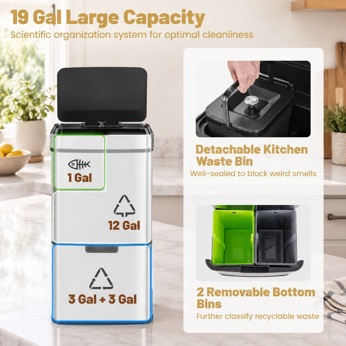 Airfind 19 Gal Stainless Steel Trash Can with Kitchen Waste Bin and 2 Bottom Recycling Bins, Stainless Steel ABS Frame, Silver