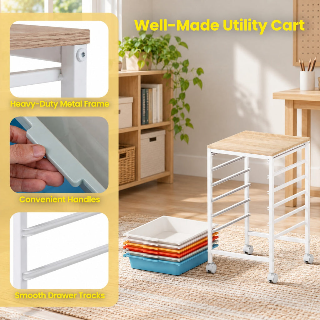 Airfind 6-Drawer Rolling Storage Cart with Wooden Tabletop, 35 lbs Capacity, MDF PP Metal, 14.5 Inch x 13 Inch x 22.5 Inch , Natural + White