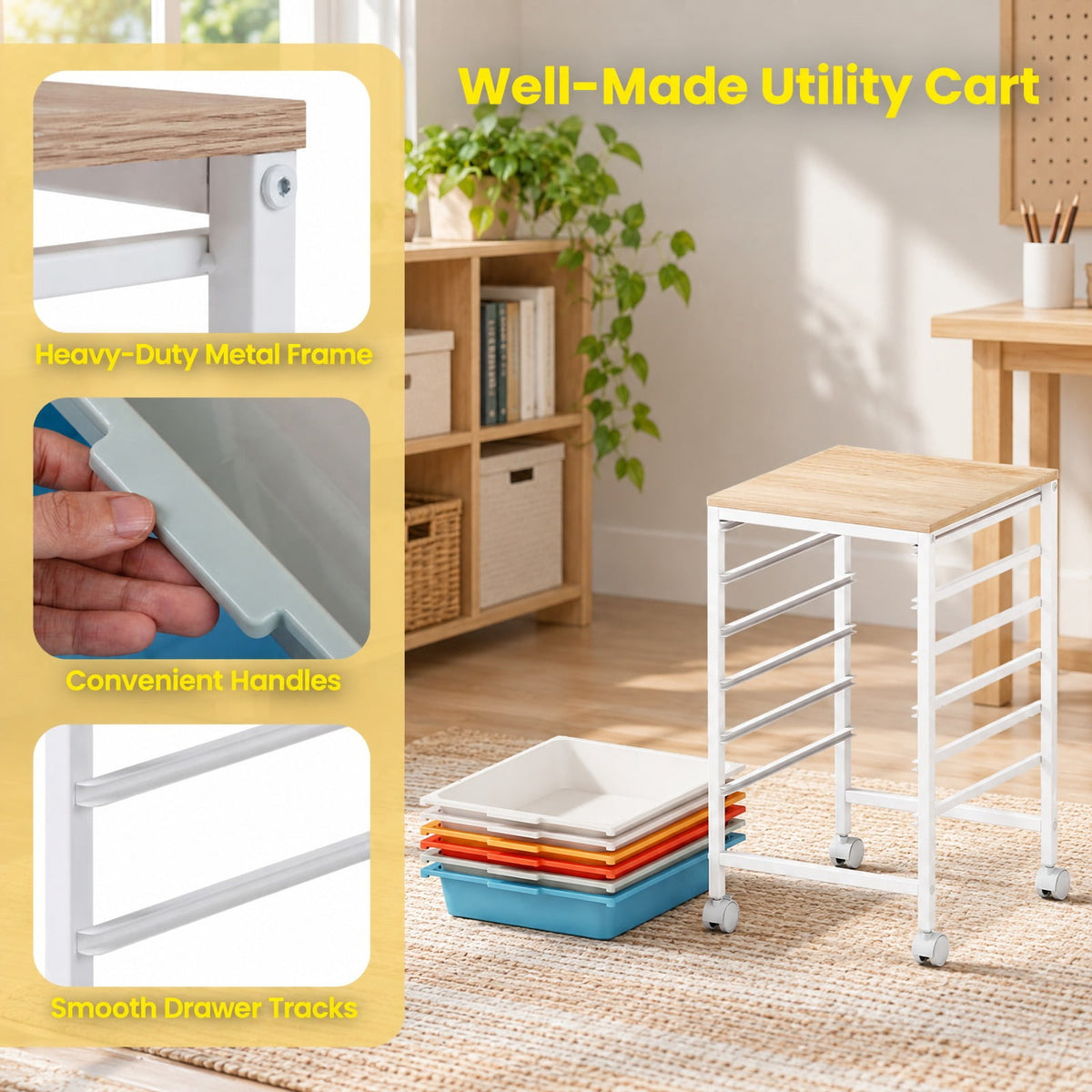 Airfind 6-Drawer Rolling Storage Cart with Wooden Tabletop, 35 lbs Capacity, MDF PP Metal, 14.5 Inch x 13 Inch x 22.5 Inch , Natural + White