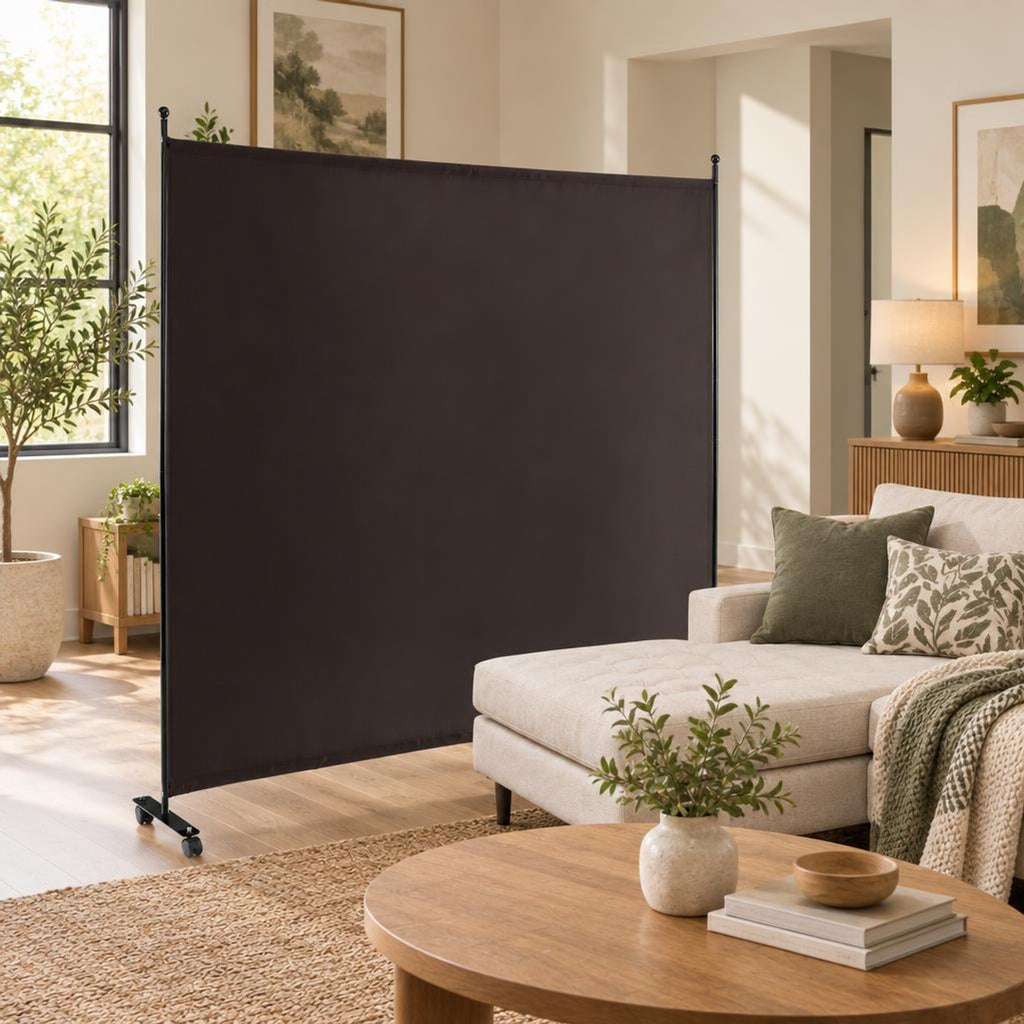 Airfind 6 Feet Single Panel Rolling Room Divider with Smooth Wheels, Metal polyester Frame, 73 x 12 x 73 Footprint, Brown
