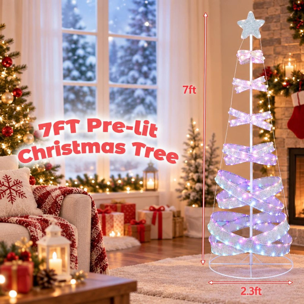 Airfind 7 Feet Outdoor Spiral Christmas Tree for Party Xmas New Year Decoration, Metal Polyester Frame, 2.3 ft x 2.3 ft x 7 ft Footprint, White