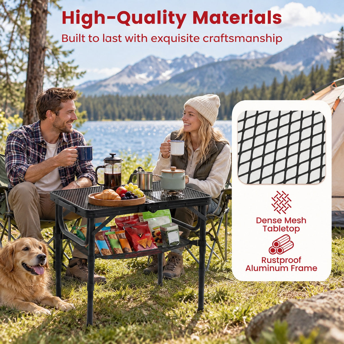 Airfind 3-Height Folding Picnic Table with Large Storage Net and Handle, 90 lbs Capacity, Aluminum Metal Nylon PP EVA Frame, Black