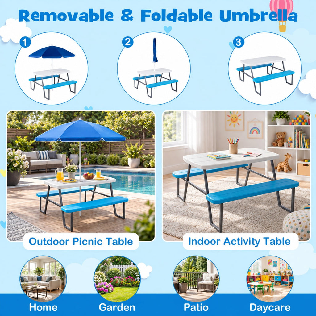 Airfind Kids Picnic Table with Benches Seats up to 4, 660 lbs Capacity, Metal Frame, for 3+ years old, 40 x 39.5 x 59 Tabletop Footprint, Blue