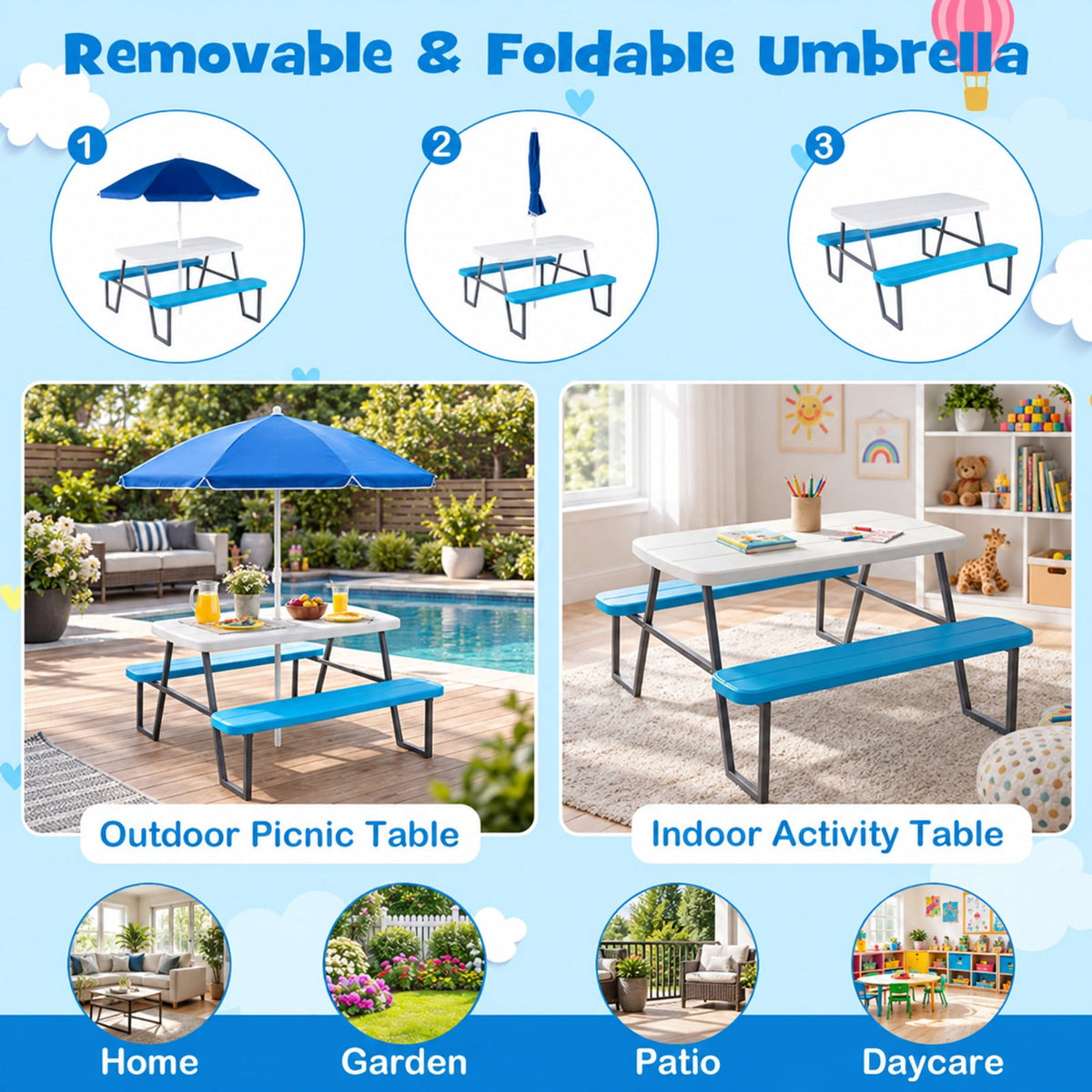 Airfind Kids Picnic Table with Benches Seats up to 4, 660 lbs Capacity, Metal Frame, for 3+ years old, 40 x 39.5 x 59 Tabletop Footprint, Blue