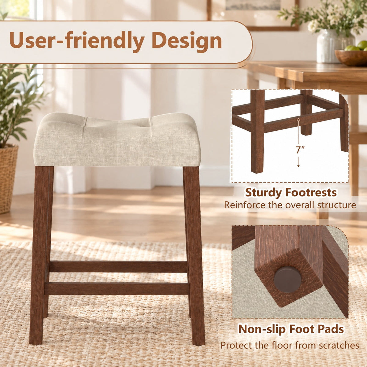 Airfind Set of 4 Upholstered Counter Height Bar Stool with Curved Saddle-seat, 330 Lbs Capacity, Rubber Wood MDF Fabric Sponge, Brown