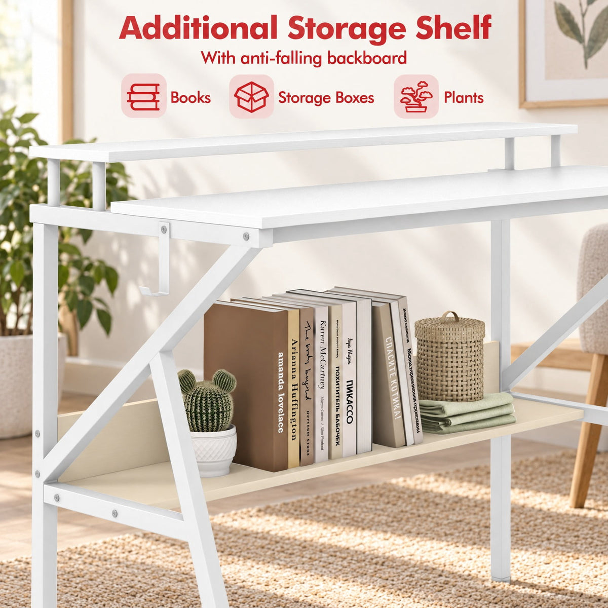 Airfind Space Saving Computer Desk with Monitor Stand and Extra Storage Shelf for Work Study, 200 lbs Capacity, Engineered Wood Metal Frame, White