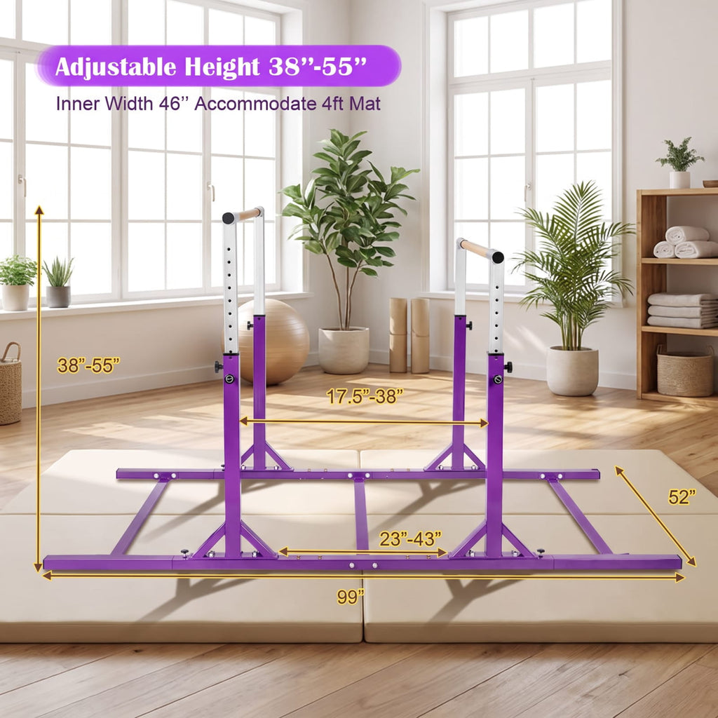 Airfind Kids Double Horizontal Gymnastics Parallel Bars with 11 Level Adjustable Height and Bamboo Grip for Home Training and Practice, Purple