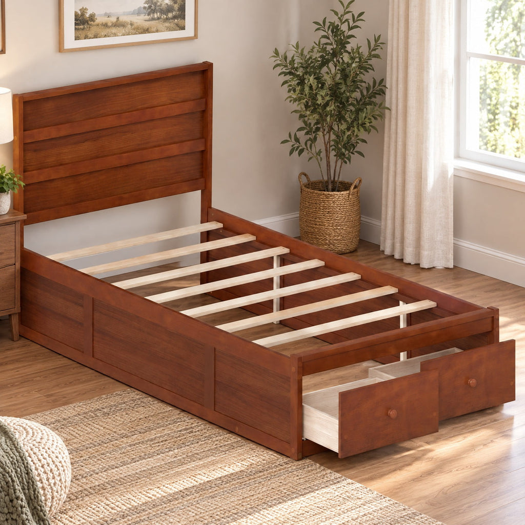 Airfind Twin Size Bed Frame with Storage Drawers and Headboard, 350 lbs Capacity, Solid Wood Plywood Engineered Wood MDF Frame, White