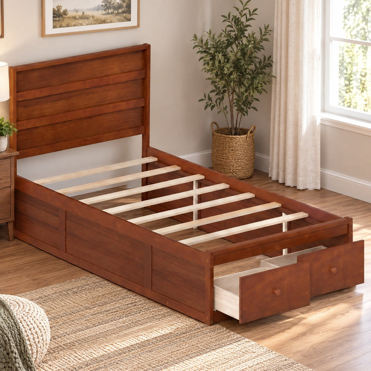 Airfind Twin Size Bed Frame with Storage Drawers and Headboard, 350 lbs Capacity, Solid Wood Plywood Engineered Wood MDF Frame, White