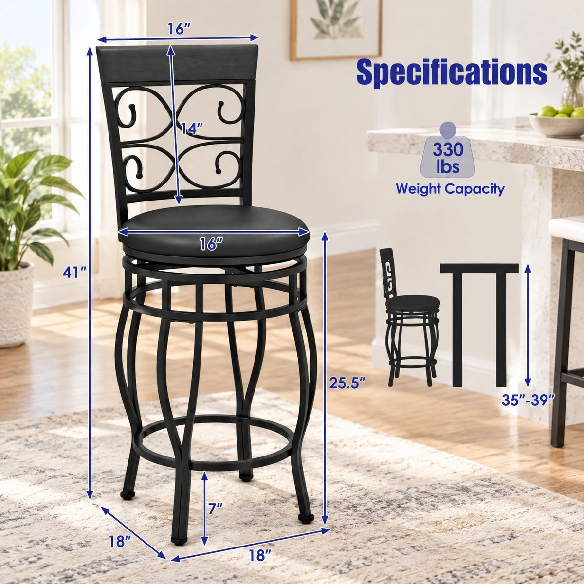 Airfind Set of 2 26 Inch Bar Stool with Backrest and Footrest, 300 Lbs Capacity, Metal PU Sponge, 19 Inch X 16.5 Inch X 45 Inch, Black