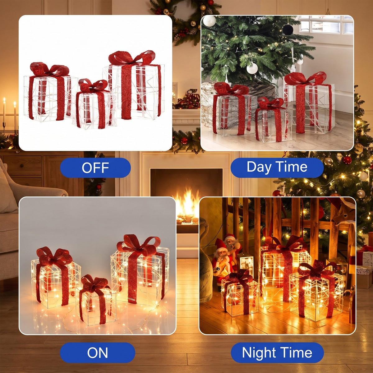 Airfind 3 Pieces Christmas Lighted Gift Boxes Decorations with 60 LED Lights for Indoor and Outdoor, PVC Steel fabric Frame, As picture shows