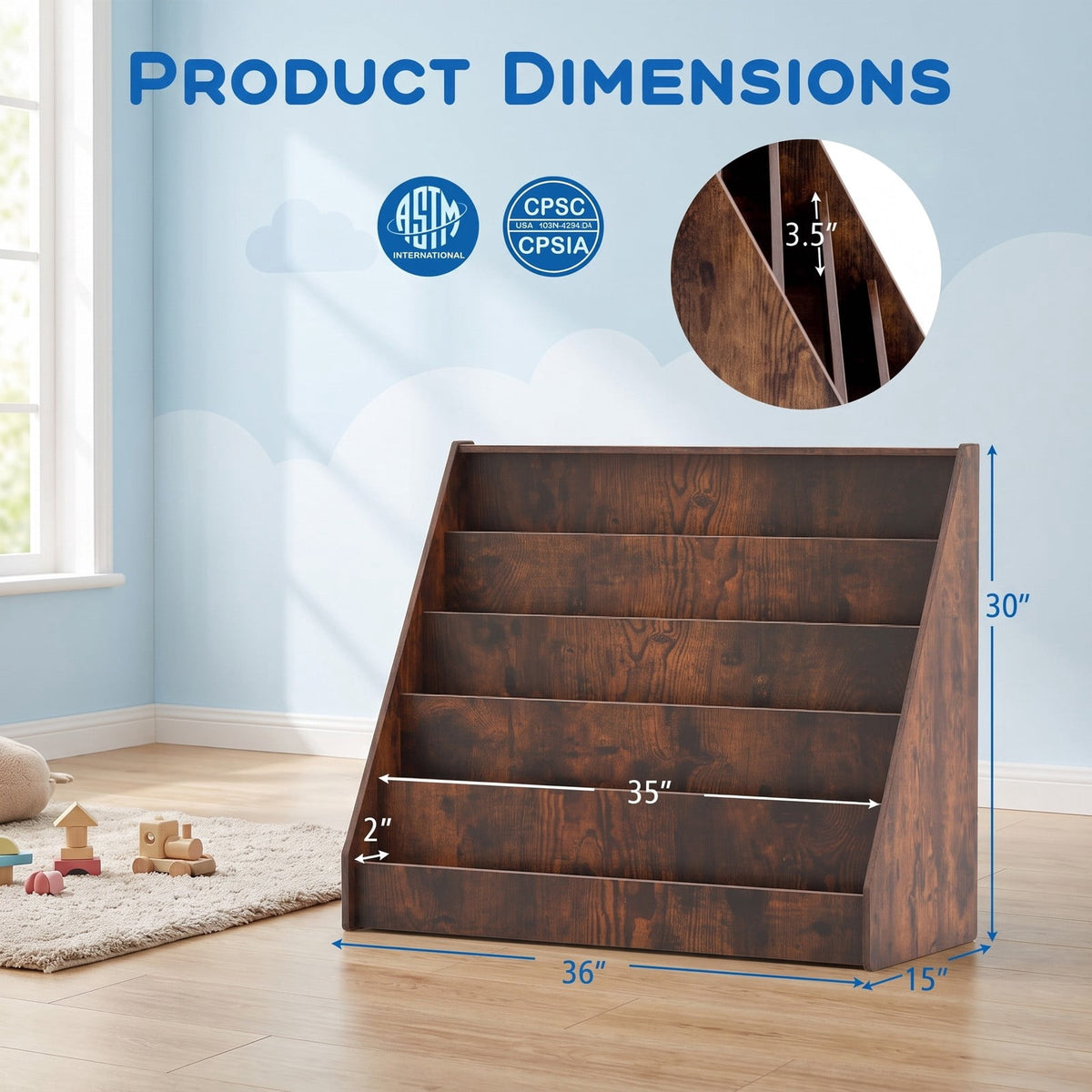 Airfind 5-Tier Kids Bookshelf with Deep Compartments and Stable Baby Book Case, Engineered Wood Frame, for 3+, 36 x 15 x 30 Footprint, Brown