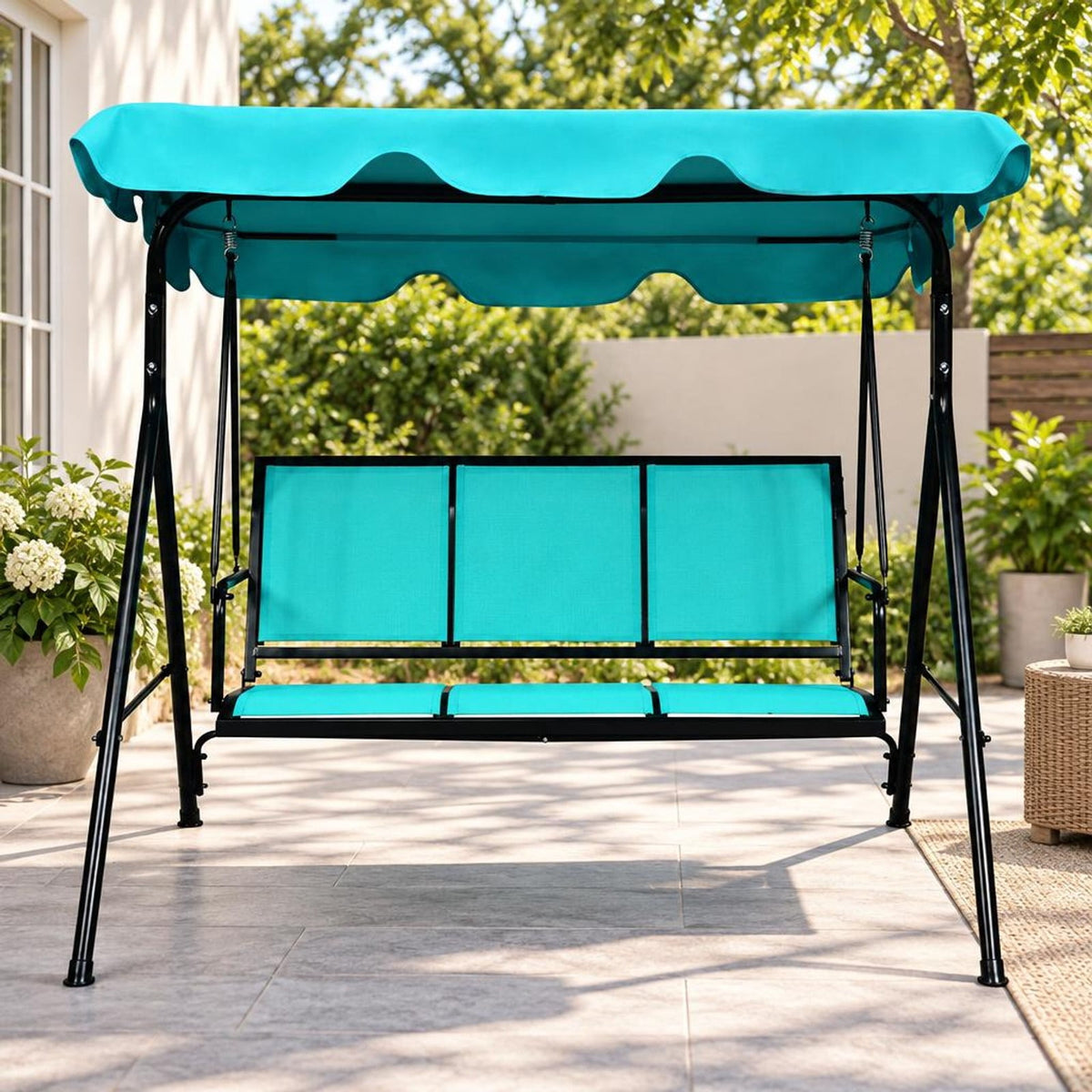 Airfind Outdoor Patio 3 Person Porch Swing Bench Chair with Canopy, 550 lbs Capacity, Steel textile fiber polyester Frame, Blue