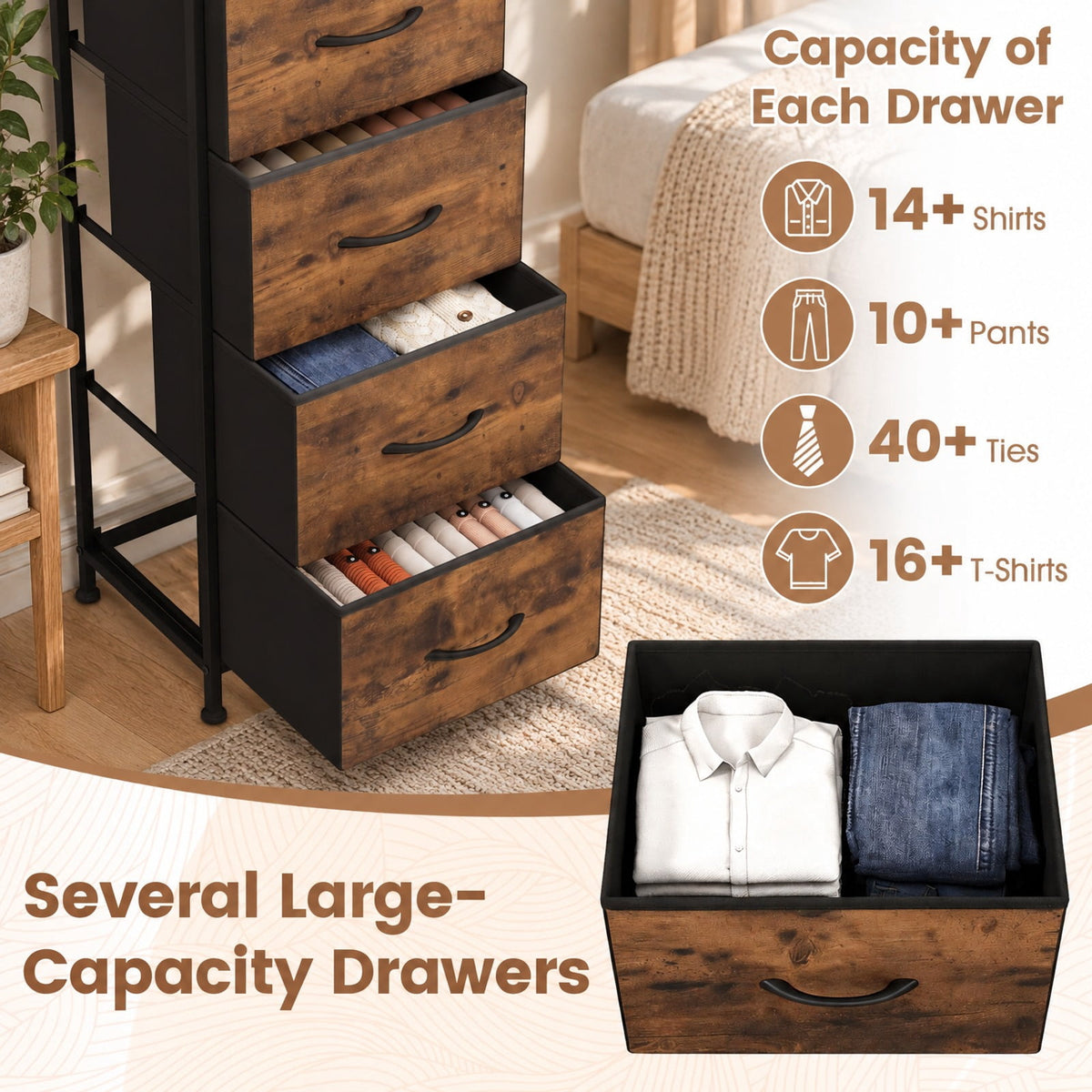 Airfind Dresser Nightstand with 5 Roomy Fabric Drawers for Bedroom, 130 lbs Capacity, Metal Engineered Wood Non-Woven Fabric Frame, Brown