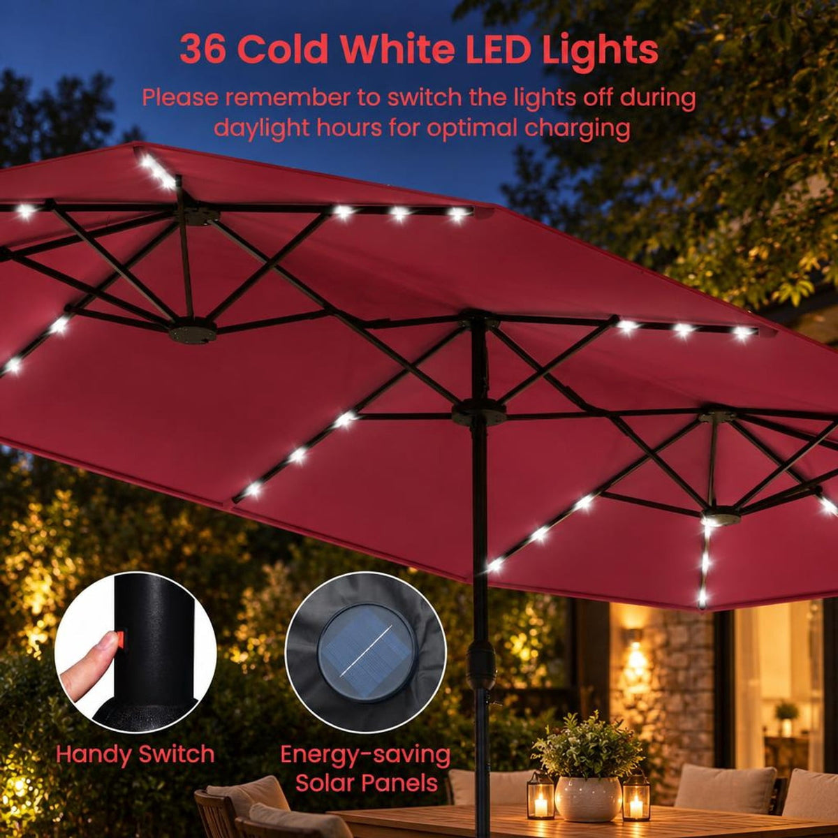 Airfind 13FT Double-sided Patio Umbrella with Solar Lights for Garden Pool Backyard, Metal 180g Yarn Dyed Fabric PA Coating Frame, Wine
