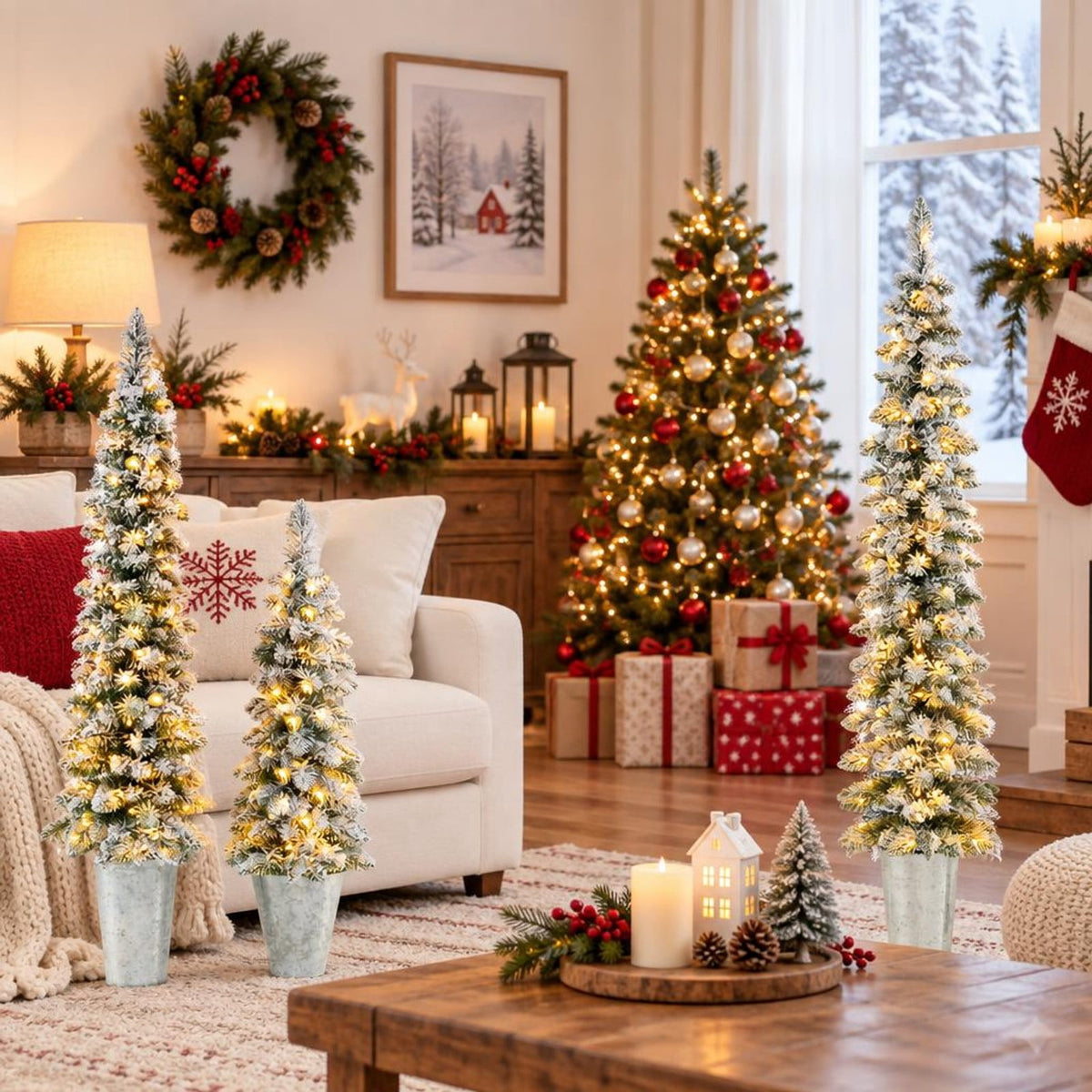 Airfind Set of 3 Pre-Lit Snow Flocked Artificial Christmas Trees witrh 423 Branch Tips, PVC Tree Height 3 ft Tree Width 10in Frame