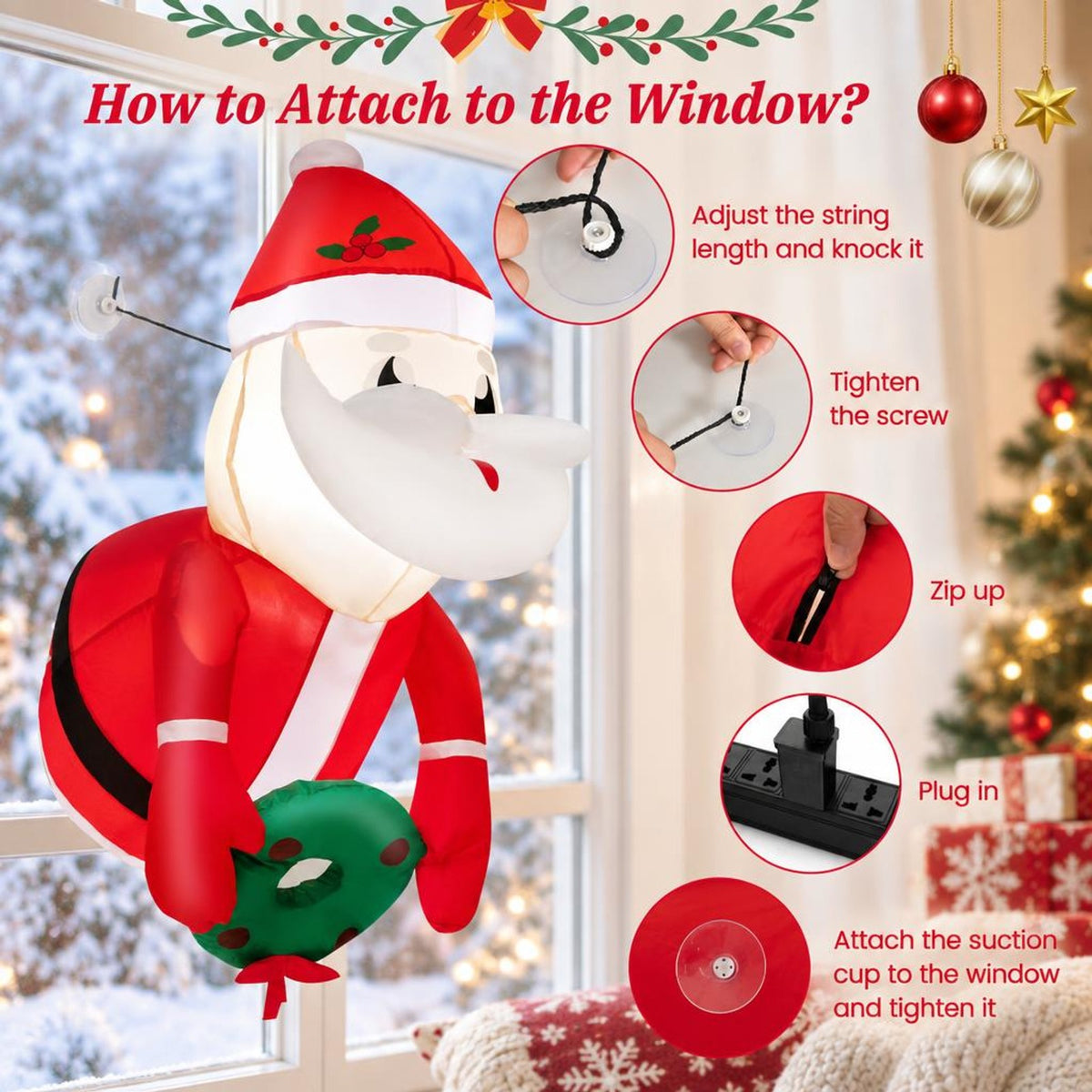 Airfind 3.3 Feet Lighted Inflatable Santa Claus Broke Out from Window, Polyester Fabric Frame, Red, powerful blower for easy inflation