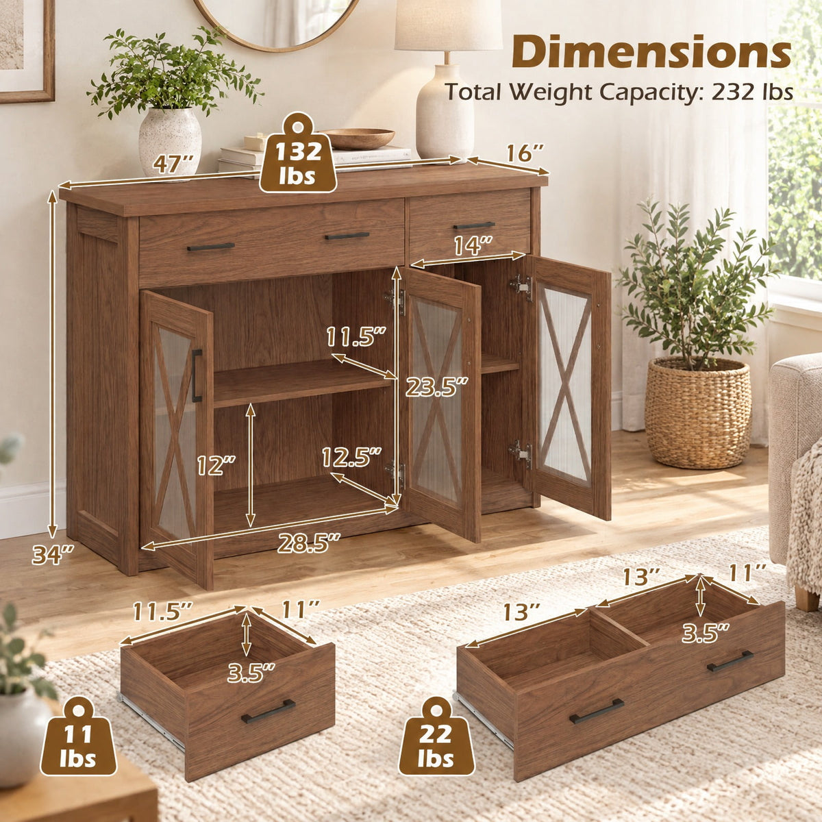 Airfind Farmhouse Buffet Sideboard 3-Door Kitchen Storage Cabinet featuring 2 Drawers, Top 132 lbs Total Capacity, Engineered Wood PC Frame, Brown