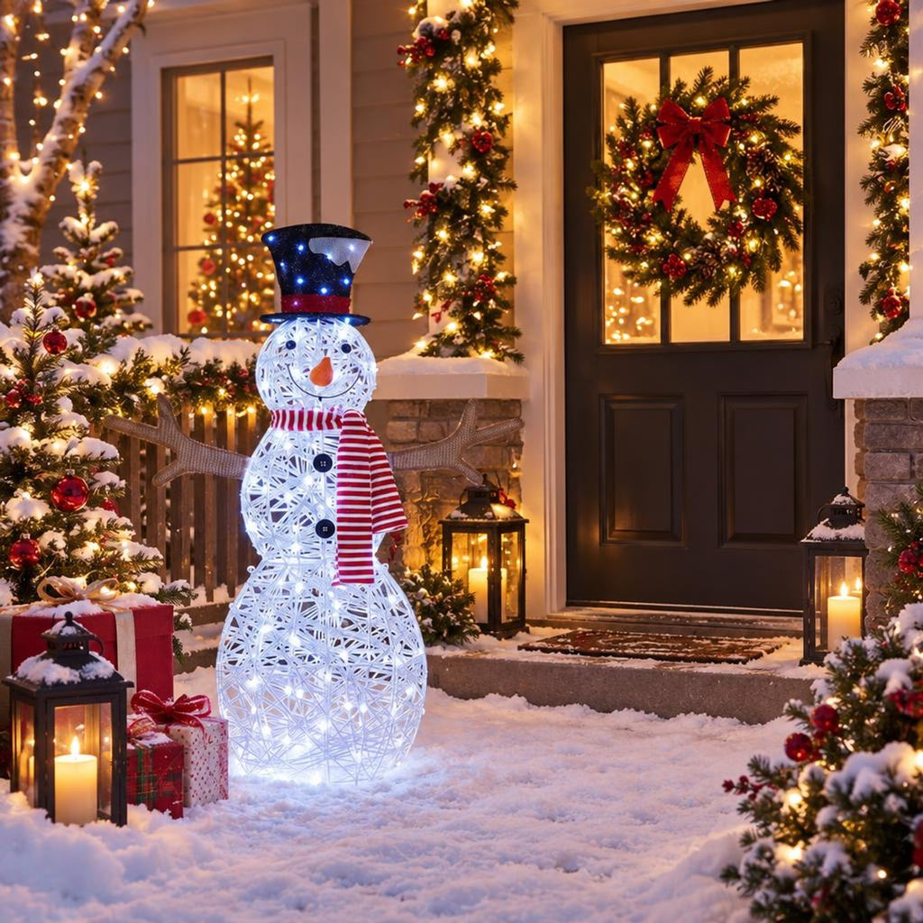 Airfind Lighted Snowman Christmas Decoration with Cold White LED Lights, Metal Tinsel Fabric Frame, 33in x 10in x 43in Length of Footprint, White