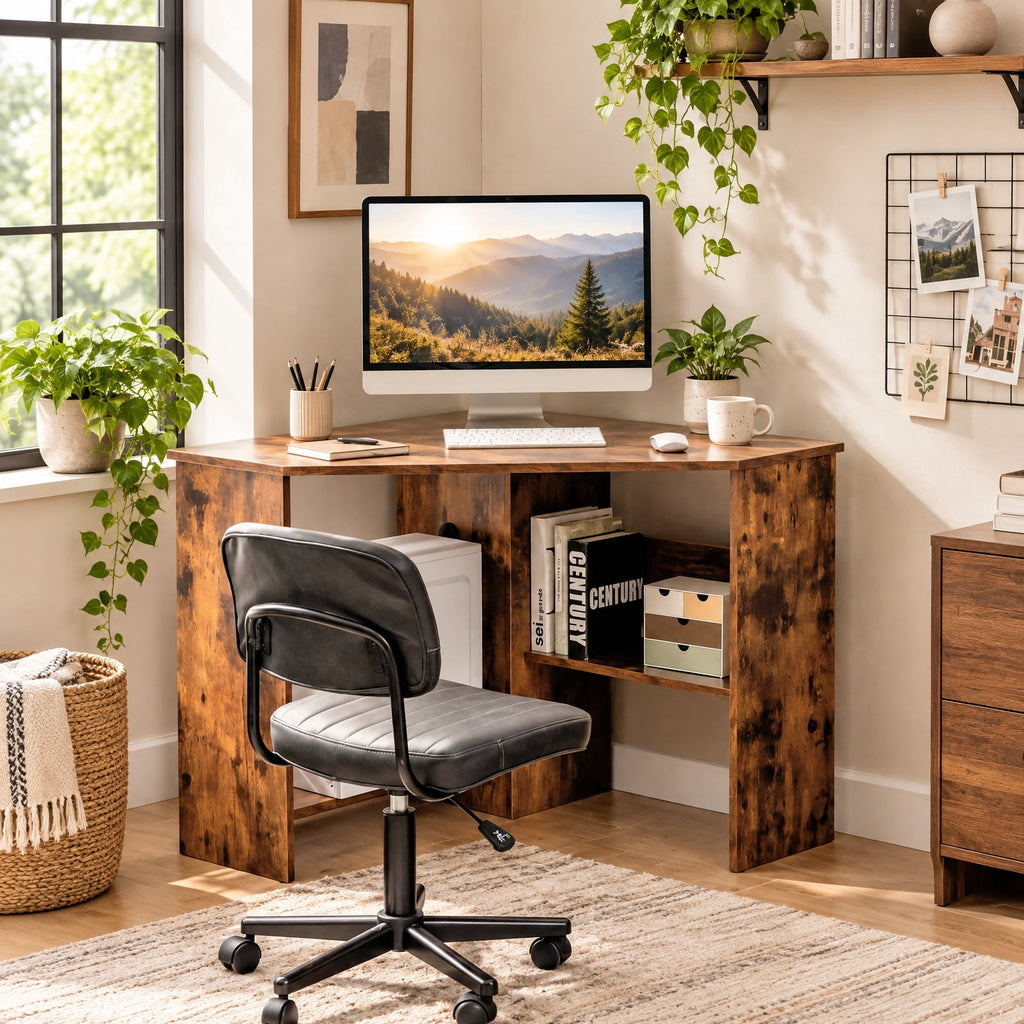 Airfind Corner Computer Desk Triangle Writing Workstation with Storage Shelf, 200 lbs Capacity, E0 engineered wood Frame, Brown