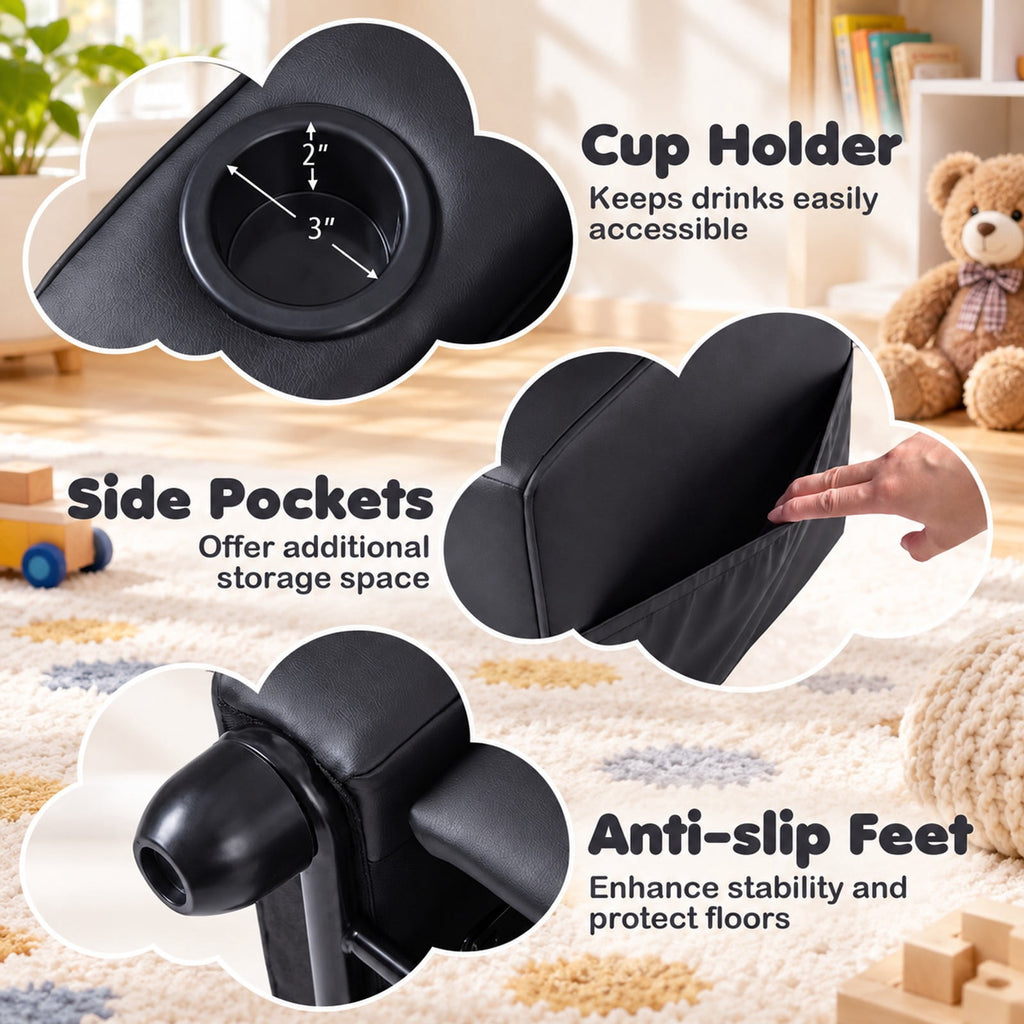 Airfind Youth Recliner featuring Cup Holder Armrests and Adjustable Backrest for Playroom, Wood Frame, 24 Inch x 21 Inch x 30 Inch Lying Footprint, Black