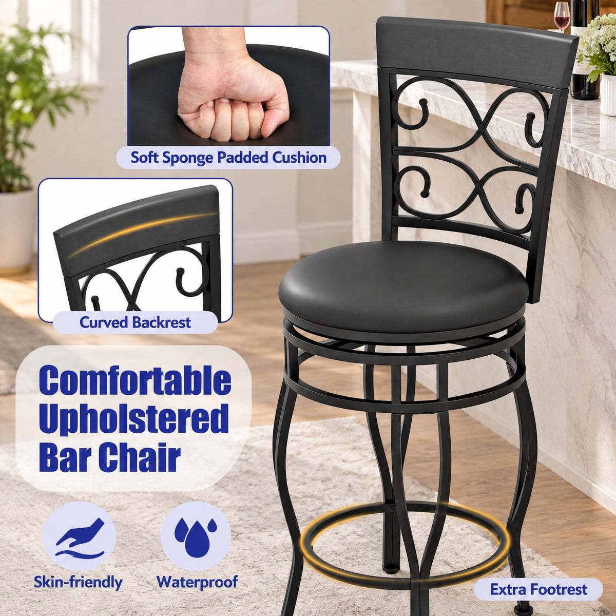 Airfind Set of 2 26 Inch Bar Stool with Backrest and Footrest, 300 Lbs Capacity, Metal PU Sponge, 19 Inch X 16.5 Inch X 45 Inch, Black
