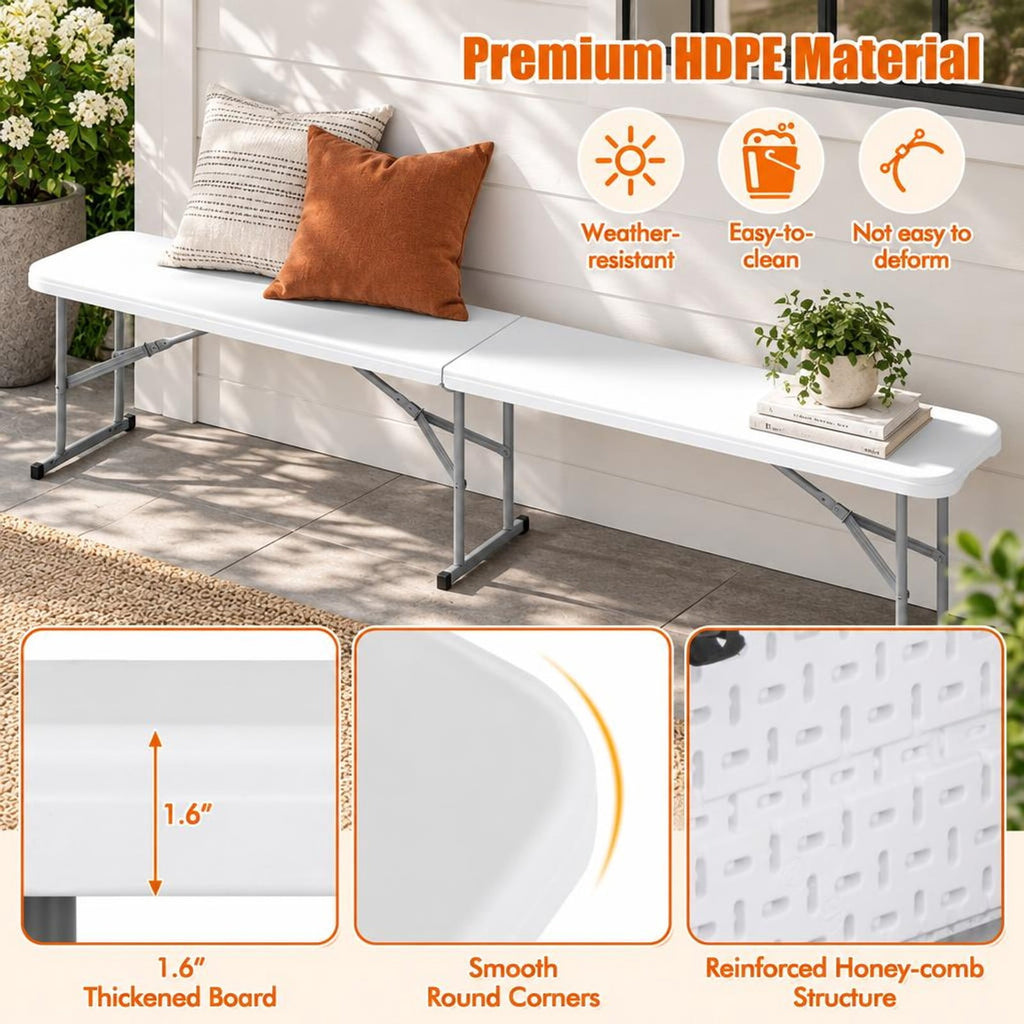 AIRFIND Folding Bench, 6 ft Portable HDPE Picnic Seat with Carrying Handle, Locking Metal Legs and Non-Slip Feet, 660 lb Capacity, White