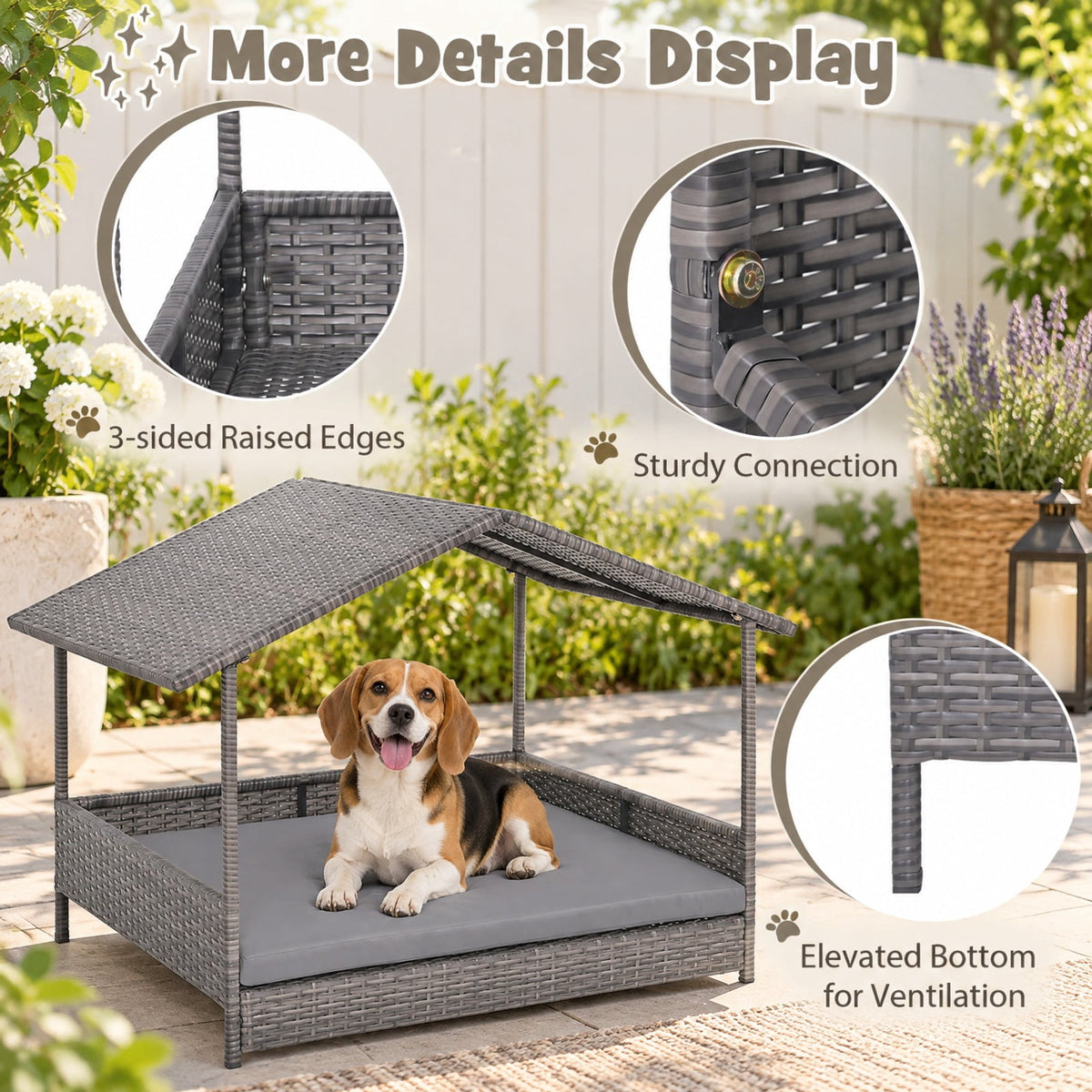 Airfind Wicker Dog House Elevated PE Rattan Dog Bed with Canopy, 165 lbs Capacity, PE Rattan Metal Polyester Fabric Sponge Frame, Gray