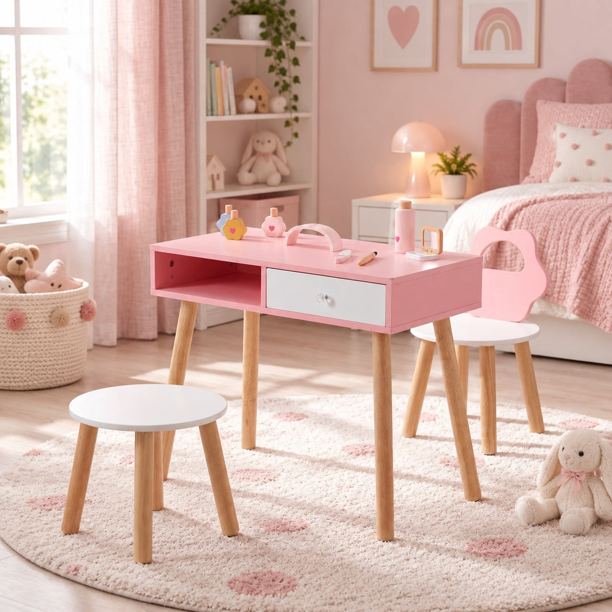 Airfind Wooden Youth Styling Salon Playset featuring Chair and Stool, Dressing and Styling Activity Kit with Eye Shadow, 66 lbs Capacity, Pink