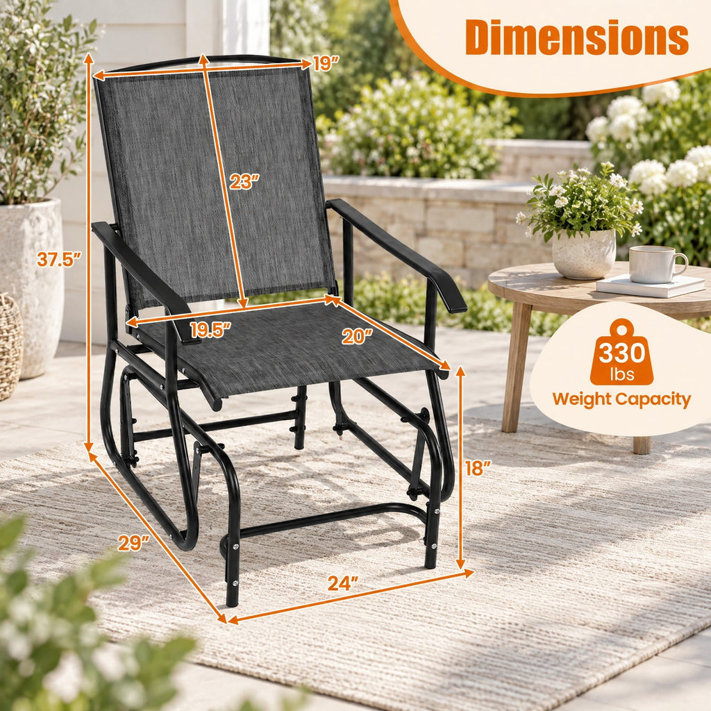 Airfind Outdoor Glider Chair with Metal Frame and Armrests, 330 lbs Capacity, Fabric Metal Frame, 24 x 29 x 37.5 Footprint, Grey