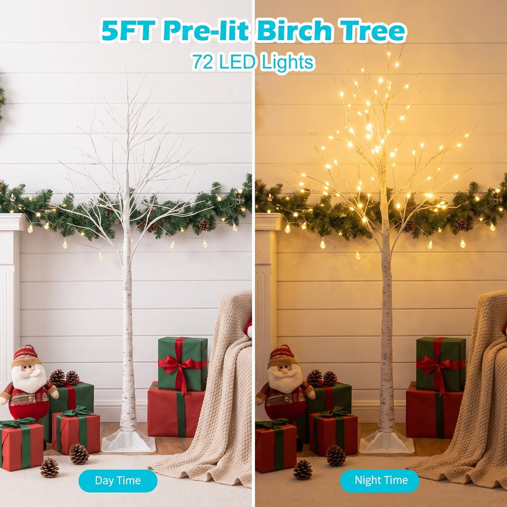Airfind 5 Feet Pre-lit White Twig Birch Tree with 72 LED Lights for Christmas, metal plastic Height: 5 FT Frame, 8 Inch x 8 Inch Rated input Footprint