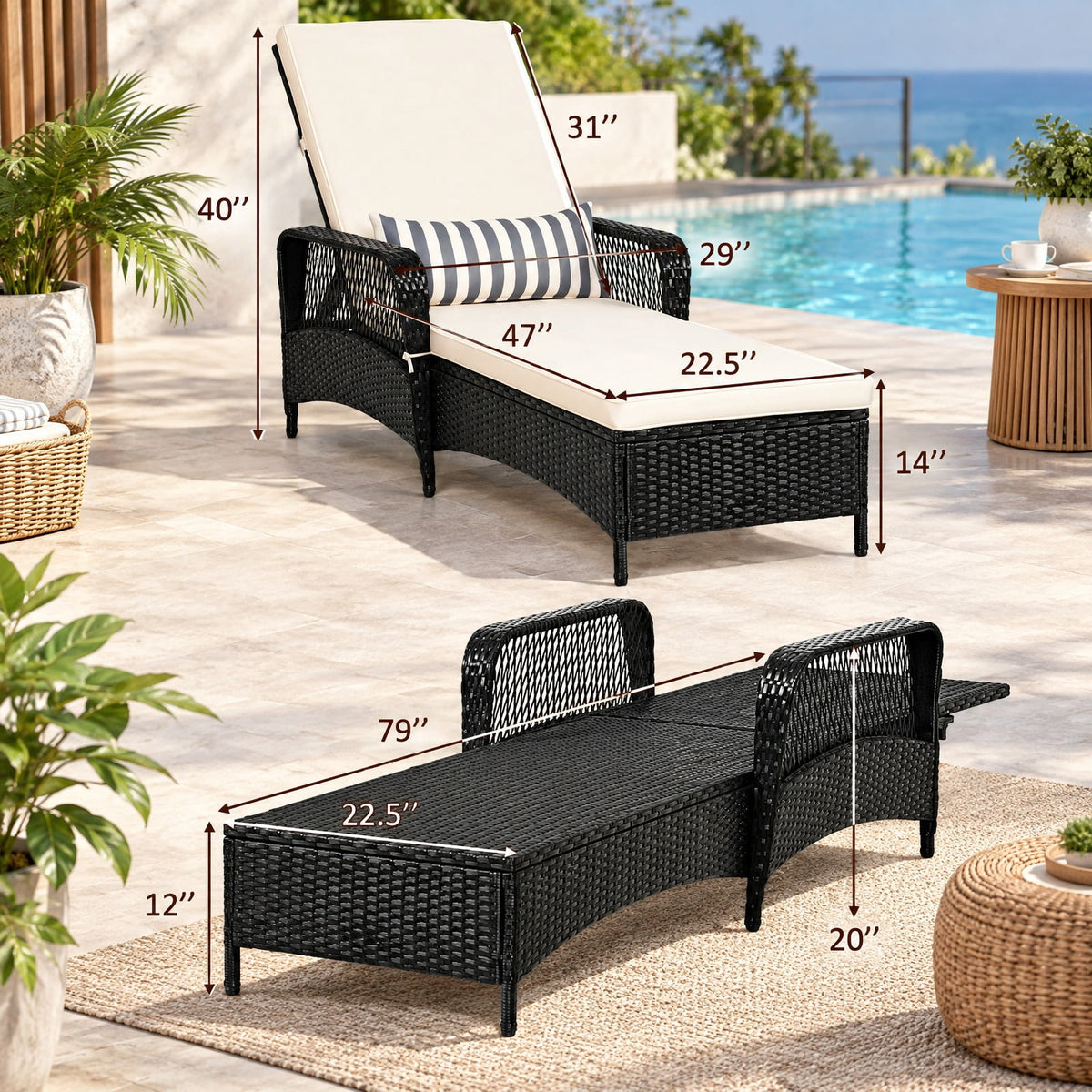 Airfind PE Rattan Armrest Chaise Lounge Chair with Adjustable Pillow, 400 lbs Capacity, Steel PE wicker rattan fabric foam Frame, White