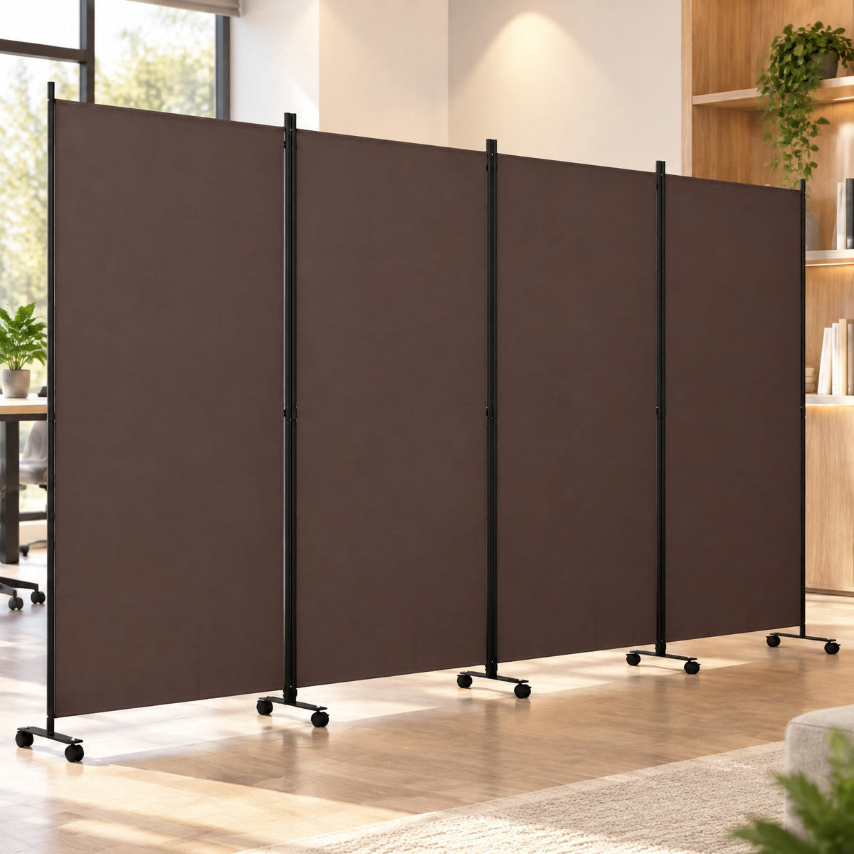 Airfind 4 Panel Folding Privacy Screen Room Divider with Wheels, Polyester Fabric Metal PP Frame, 137 x 12 x 71.5 Footprint, Brown