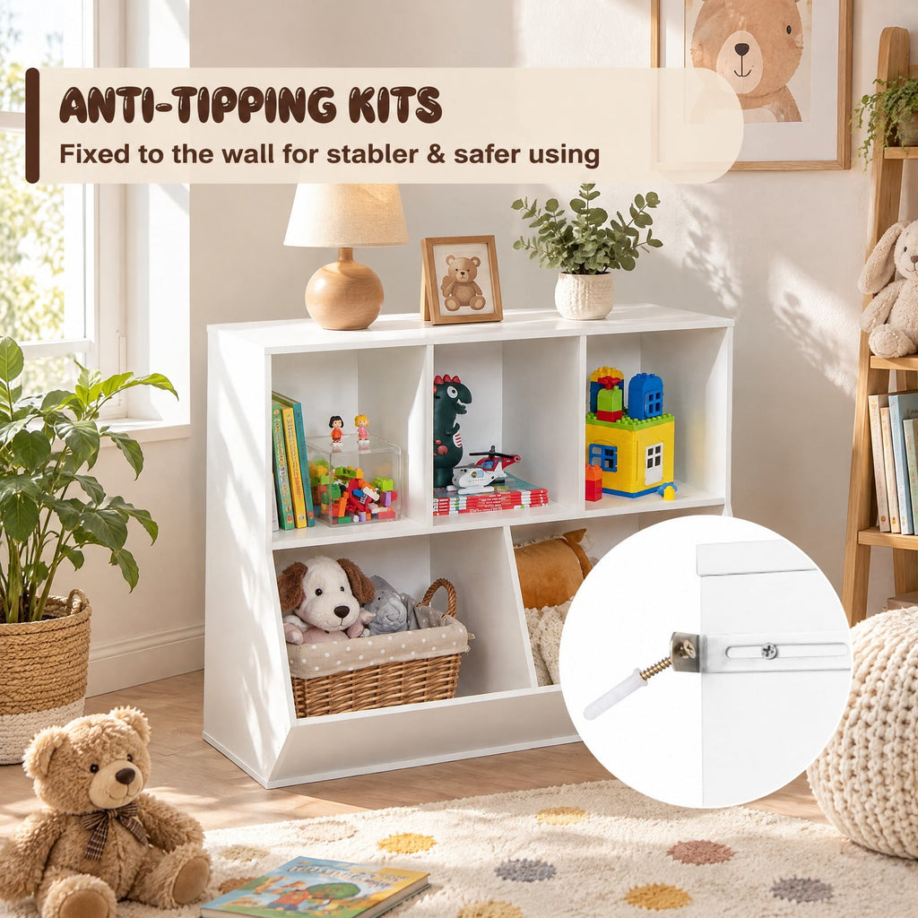 Airfind 5-Cube Wooden Kids Toy Storage Organizer with Anti-Tipping Kits, 110 lbs Capacity, MDF Engineered Wood Frame, 35.5 Inch x 16 Inch x 30 Inch Footprint