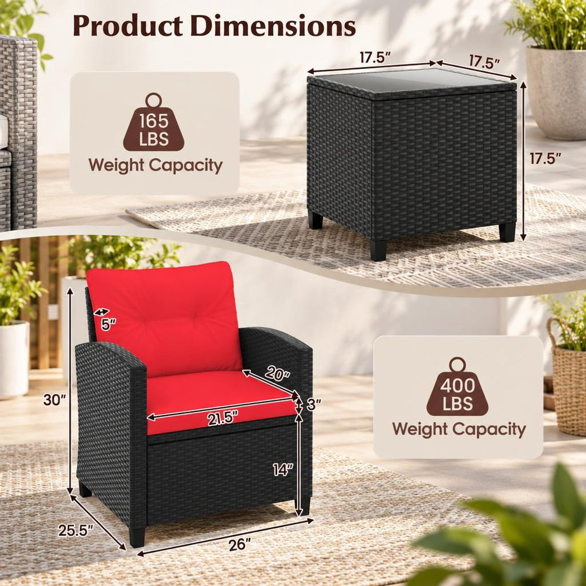 Airfind 3 Pieces Patio Furniture Set with Tempered Glass Coffee Table, 400 lbs Capacity, PE Rattan Metal Tempered Glass Polyester Sponge Frame, Red