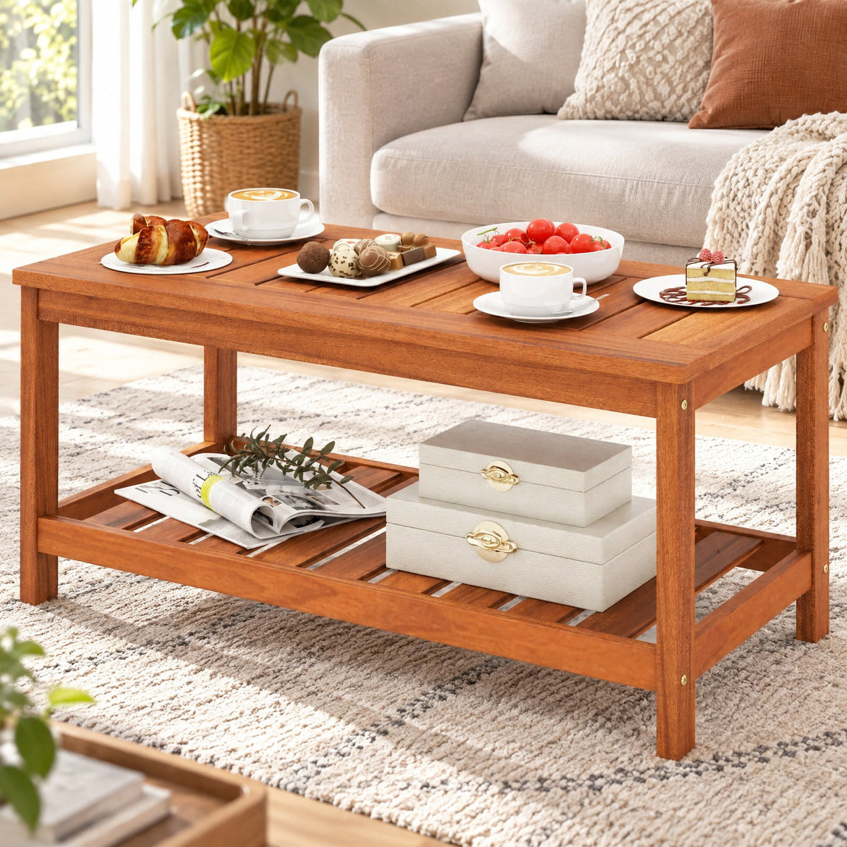 Airfind 2-Tier Patio Coffee Table with Slatted Tabletop and Shelf, 110 lbs Capacity, Hardwood Frame, 35.5 Inch x 18 Inch x 17.5 Inch Footprint, Natural