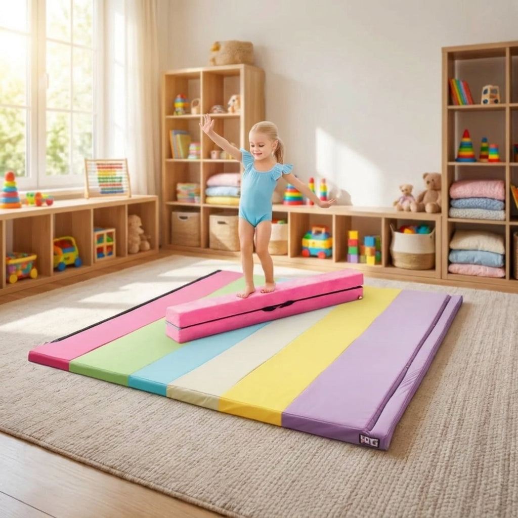 Airfind Gymnastics Practice Set with Tri-Fold PU Mat and 9 ft Folding Balance Beam, Multi-Color