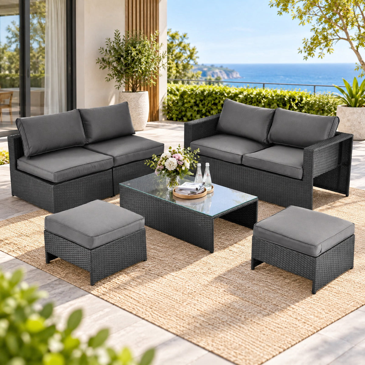 Airfind 6 Pieces Patio Rattan Furniture Set with Glass Table and Cushioned Seat, 530 lbs Capacity, Steel Frame, 60 x 28.5 x 25 Footprint, Gray