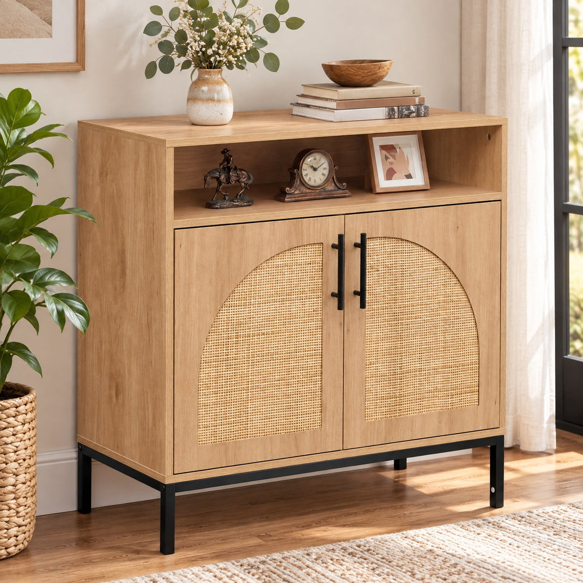 Airfind 32 Sideboard Buffet Cabinet with 2 Natural Rattan Decorated Doors and Adjustable Shelf, 145 lbs Capacity, 32 x 15 x 32.5 Footprint