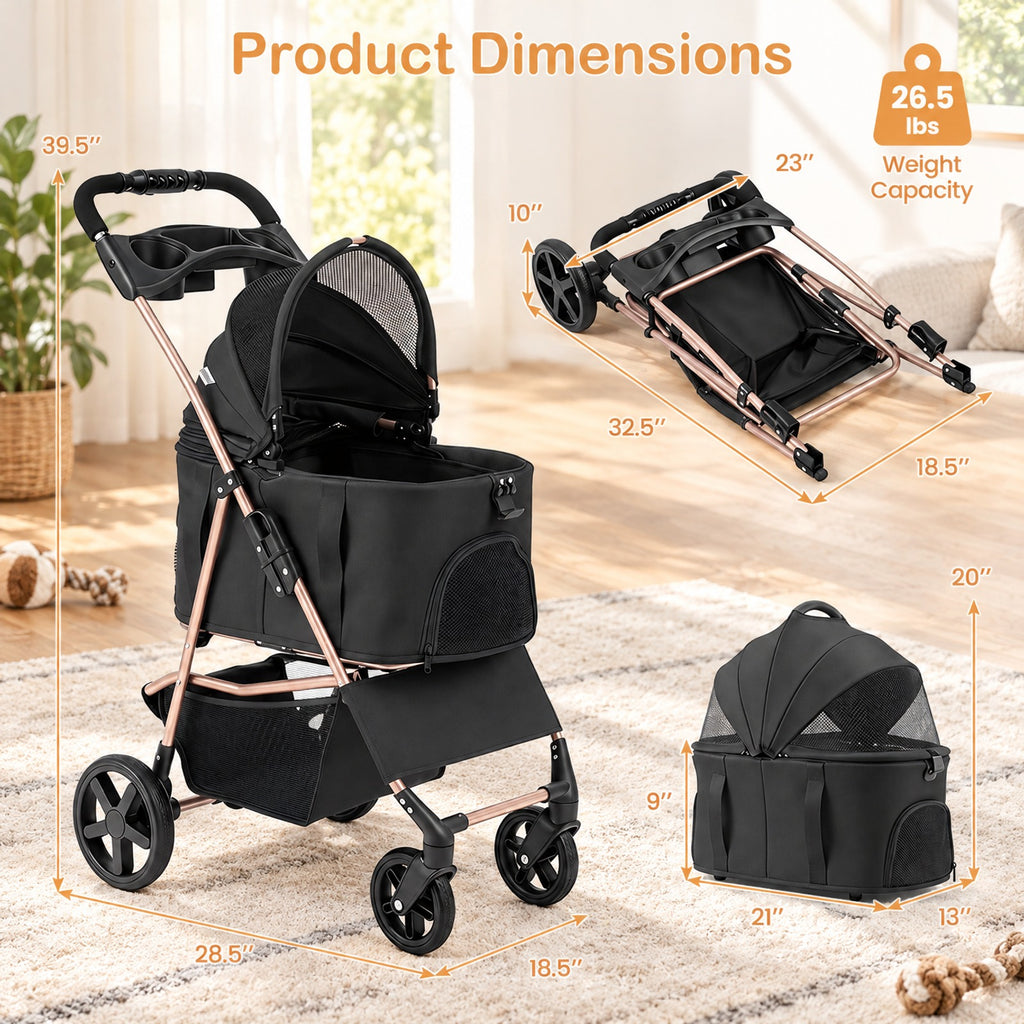 Airfind 3-in-1 Pet Stroller for Small Medium Dogs Foldable with Detachable Carrier, 26.5 lbs Capacity, 18.5in x 28.5in x 39.5in Footprint, Black