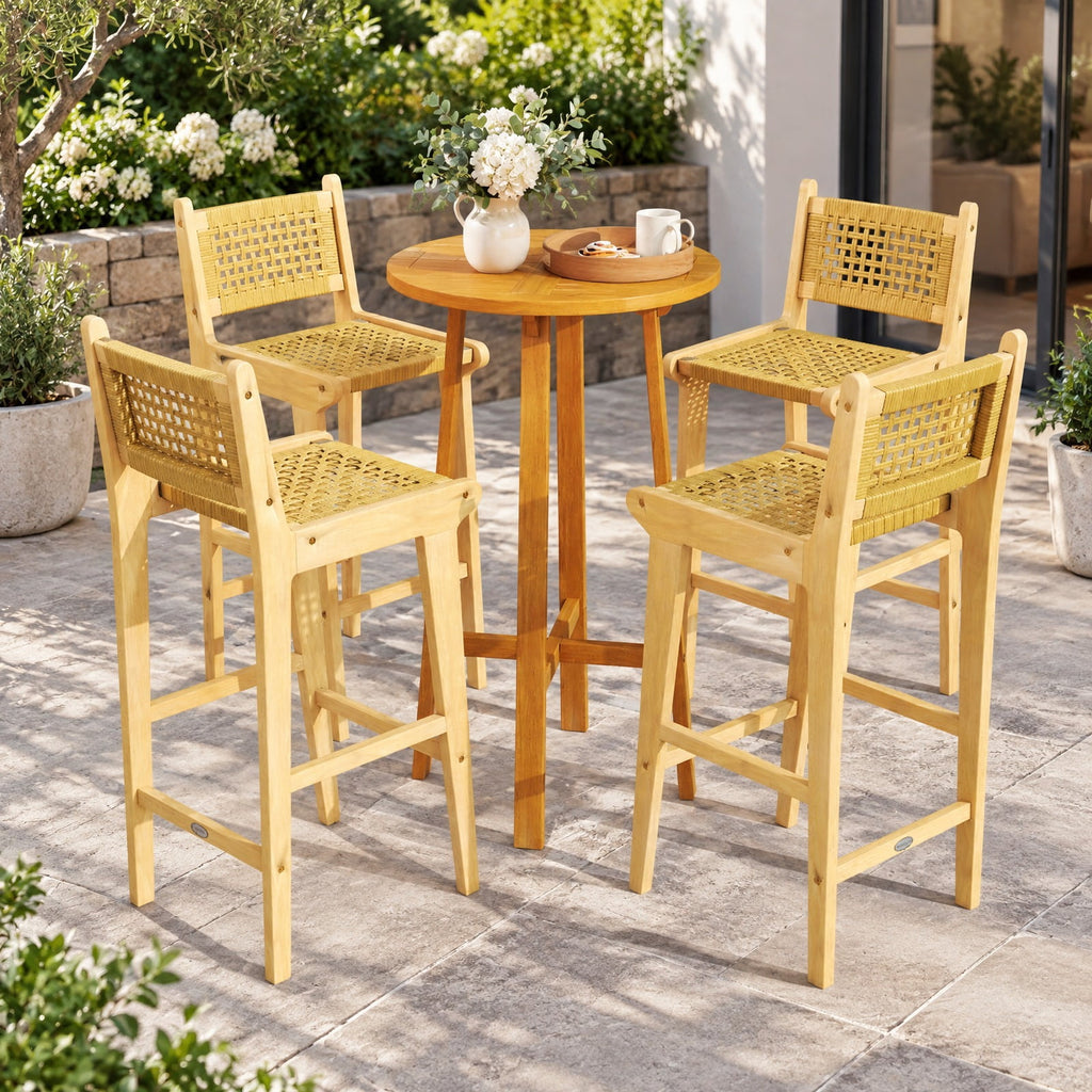 Airfind Patio Teak Wood Bar Stool with Rattan Backrest and Seat, Bar Stool 350 lbs Capacity, Teak Wood PE Rattan Frame, 16 x 19.5 x 40 Footprint