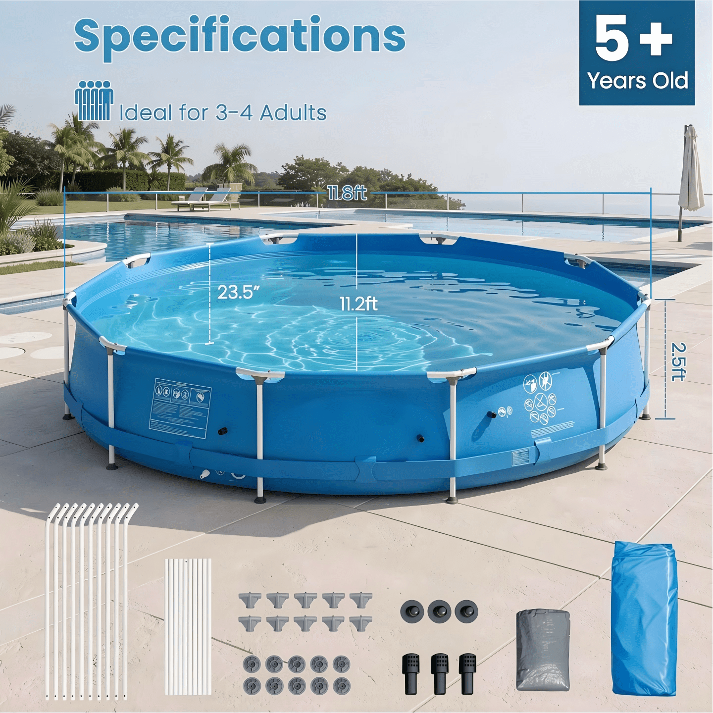 Airfind 12ft x 30in Round Above Ground Swimming Pool with Iron Frame & Pool Cover, 3-Layer PVC Mesh, Blue