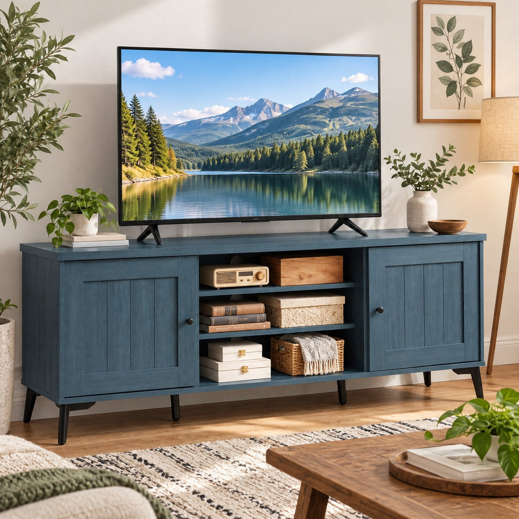 Airfind 2-Door TV Stand for TVs up to 65 Inch Mid Century Modern Entertainment Center, 176 lbs Capacity, Engineered Wood Metal Frame, Turquoise