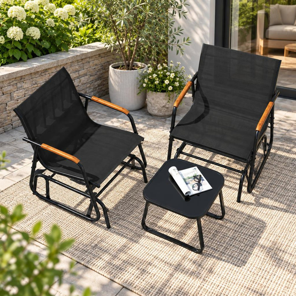 Airfind 3-Piece Outdoor Glider Bistro Set with Tempered Glass Top and Metal Frame, 22 x 18Weight Footprint, Black