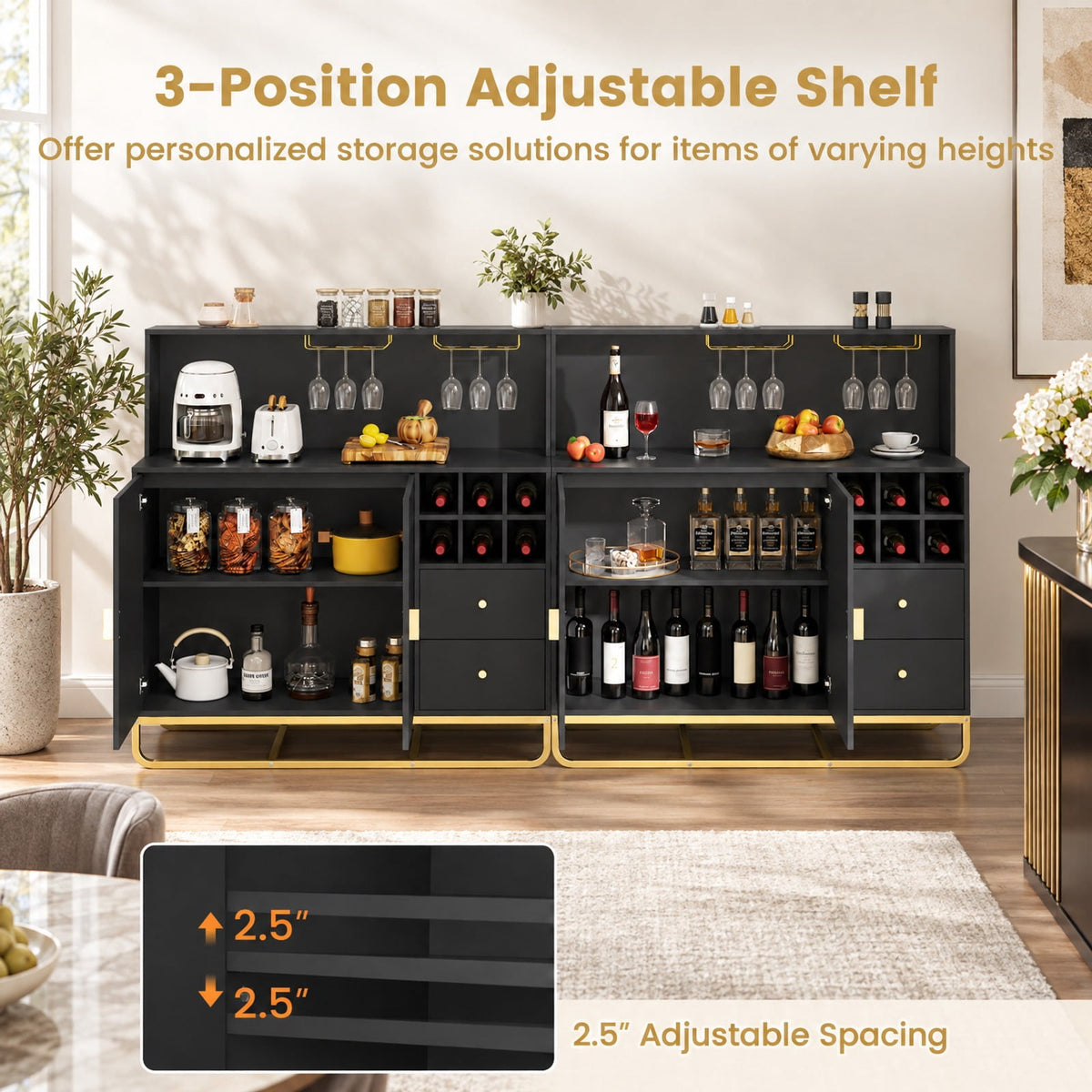 Airfind Home Bar Cabinet with Wine Rack Glass Holder and Adjustable Shelf, 47 Inch x 16 Inch x 48.5 Inch Inner Footprint, Black